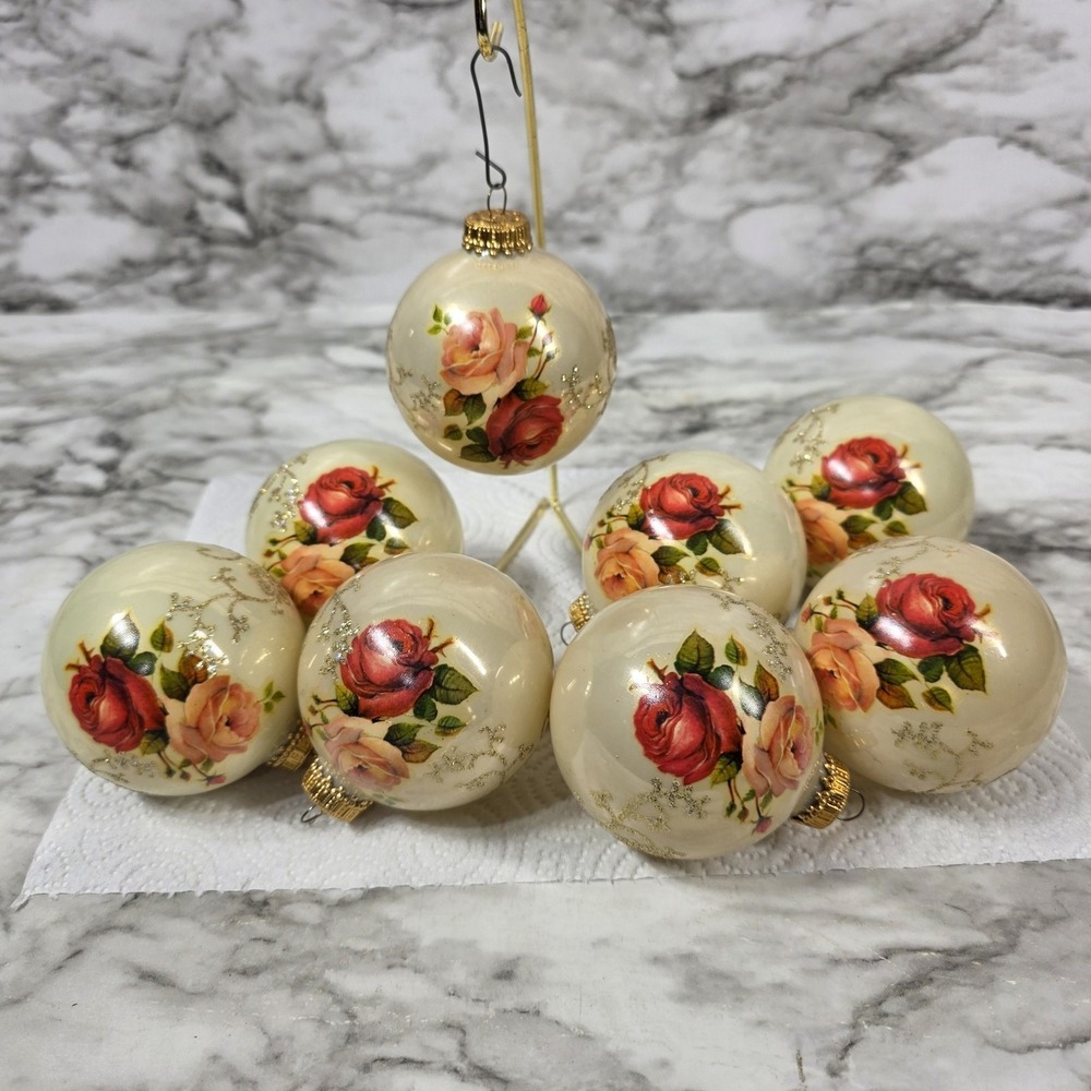 Vintage Christmas by Krebs Rose Floral Glass Ornaments Set of 8 NO BOX - Picture 1 of 5